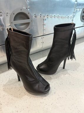 Jerome C Rousseau Black Peep-Toe Fringe Stiletto Ankle Boots Size 35 Like New